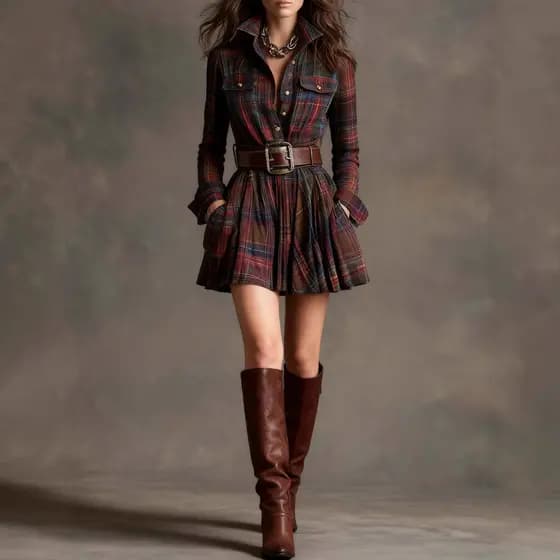 Vestido Camisa Xadrez Retrô Novo de Primavera e Outono 2025 com Bolso, Manga Longa, Estilo Intelectual, Modelo C-line NE