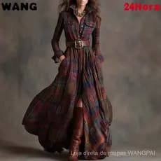 Vestido Longo Irregular Xadrez Retrô Feminino 87IV