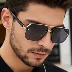 Óculos de Sol Masculino Metal Poligonal UV400, Meia Armação, Moda Europa América para Condução