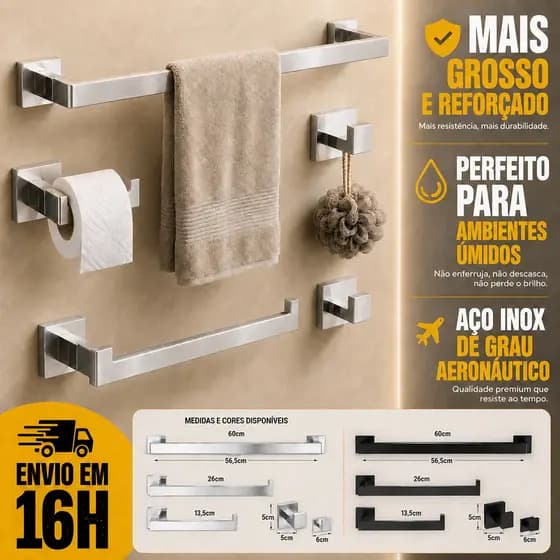 Kit Acessórios Banheiro 5 Peças Aço Inox 304 Luxo Premium Antiferrugem Porta Toalha Reforçado Escovado