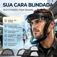 Proteção Facial Completa, Protetor Antifog Transparente Alta Definição, Reutilizável – Com 10 Filtros Respiratórios
