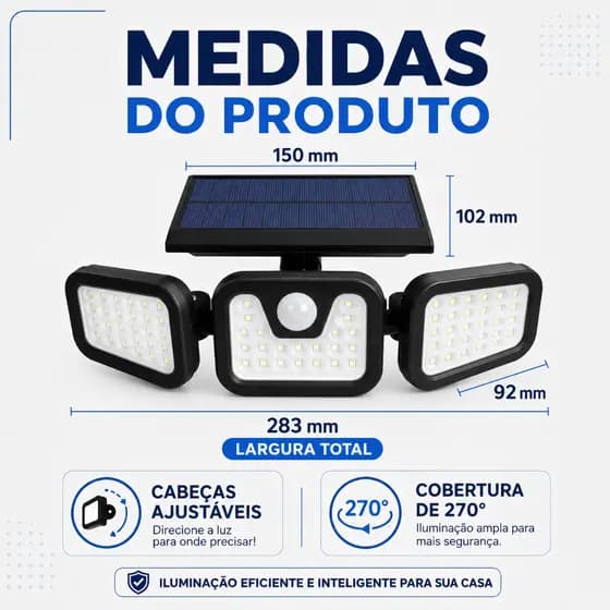 Luminária Solar 122 LEDs 3 Cabeças 270° com Sensor de Presença Controle Remoto IP65 à Prova d’Água