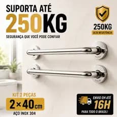 Kit 2 Barras de Apoio 40cm Inox 304 Suporta 250kg Antiderrapante Banheiro Idosos PCD