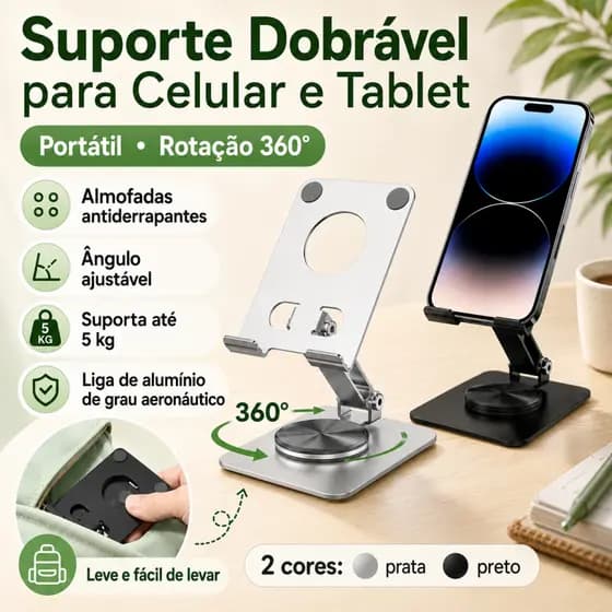 Suporte de Celular Dobrável 360° Rotativo para Mesa Antiderrapante Ajustável Ideal para Assistir Vídeos