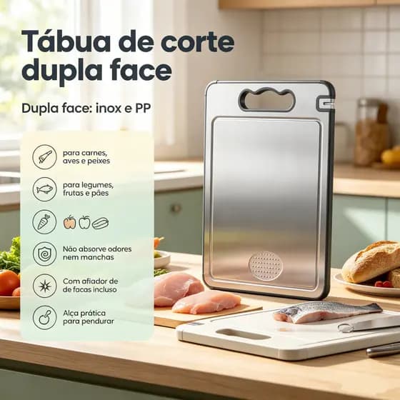 Tábua de Corte Dupla Face Inox + PP – Cortar Carne, Legumes, Frutas, com Alça e Afiador S2