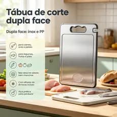 Tábua de Corte Dupla Face Inox + PP – Cortar Carne, Legumes, Frutas, com Alça e Afiador S2