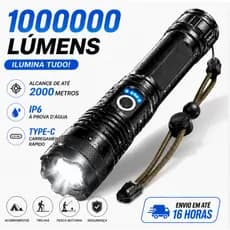 Lanterna Tática LED Super Potente 1000000 Lúmens Recarregável USB-C Zoom Alcance 2000m IPX6 Modo SOS Emergência