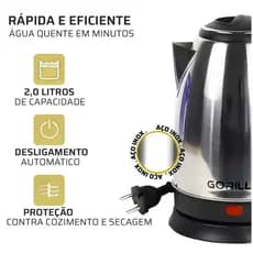 Chaleira Elétrica 2L Aço Inox Capacidade 2 Litros 110v Design Moderno Base Rotativa jarra bule