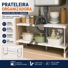 Organizador Extensível para Pia em Aço Inox e PP | Prateleira Multiuso para Armário de Cozinha