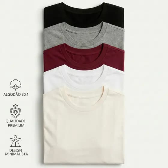 Kit 5 Camisetas Masculinas Básicas Algodão 30.1 Premium Gola Redonda Conforto Casual Diário Premiun