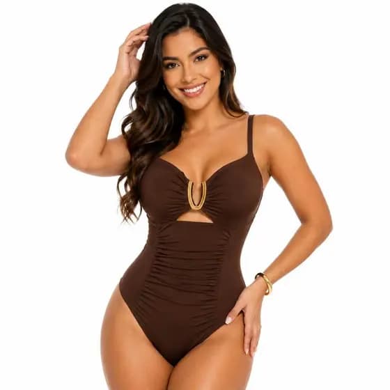 Body Maiô Feminino com Decote V e Detalhe Dourado com Bojo Modelador de Barriga Moda Verão