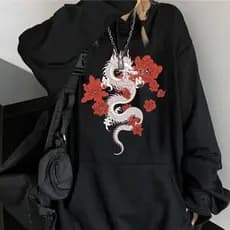 Blusa de Moletom gótico feminino canguru Roupas femininas de verão Padrão de dragão chinês moletons Casual