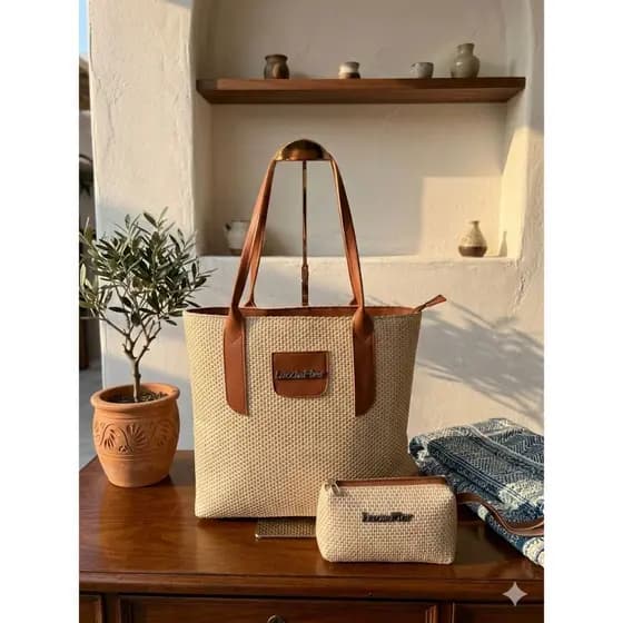Kit 2 Bolsa Feminina De Praia com  Nécessaire Feminina Lua & Flor Barato  Bolsa de Palha para Viagem Praia Piscina