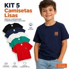Kit 5 Camisetas Básicas MENINO Coloridas Lisas Verão 100% Algodão Confortável