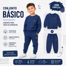 Conjunto AZUL Moletom Liso Com Aplique Moderno Inverno Básico para Frio
