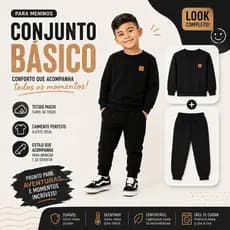 Conjunto PRETO Moletom Quentinho Liso Com Aplique Moderno Inverno para Frio