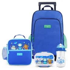 Kit Infantil 4pçs - Bolsa Térmica, Pote p/ Lanche 400ml, Garrafa 460ml e Mochila de Carrinho