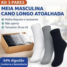 Kit 3 Pares Meia Masculina Cano Médio Atoalhada Premium Algodão Preta Branca Cinza 39 ao 43