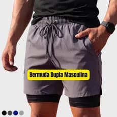 Bermuda Dupla Masculina 2 em 1 Compressão Com Bolso Zíper Corrida Academia Treino