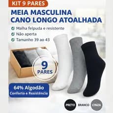 Kit 9 Pares de Meia de Cano Médio com Algodão Unissex Escolar Treino Corrida Academia Atoalhada