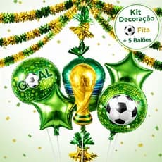 Kit Decoração Futebol Fita Metálica Verde Amarela + 5 Balões Metalizados Festa Torcida Brasil 2026