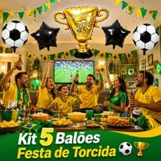 Kit 5 Balões Decoração Futebol Taça Dourada Estrela Bola Festa Torcida Brasil Verde Amarelo