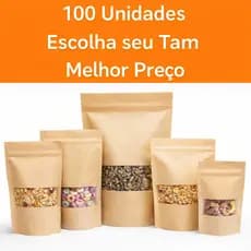100 Un Saco Papel Kraft Fosco Stand Up Pouch C/ Visor Zip Hermético - Escolha Seu Tamanho