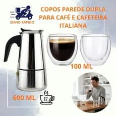 Cafeteira Italiana 600ml 12 Xícaras e Copos 100ml Dupla Parede Café Cappuccino Bebidas Casa Cafeteria Uso Profissional