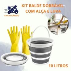Kit Balde Limpeza Dobrável Retrátil resistente com Alça + Luvas Látex Amarela Multiuso Carro Uso Doméstico
