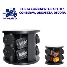 Porta Tempero Condimentos Preto 6 Potes Vidro Base Giratória Organizador para Cozinha