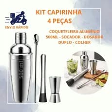 Kit Caipirinha Coqueteleira Bartender 4 Peças Inox Prepara Drinks Profissionais para Bar Festa Uso Doméstico