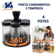 Porta Temperos Condimentos 6 Potes Vidro Tampa Dosadora + Suporte + Adesivos Organizador de Temperos na Cozinha