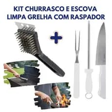 Kit Churrasco + Escova Limpa Grelha com Raspador – Limpeza Pesada e Preparo de Churrascos em Casa e Área Gourmet