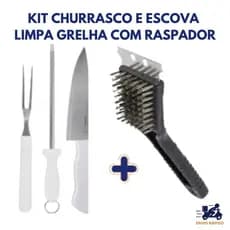 Kit Churrasco + Escova Limpa Grelha com Raspador – Limpeza Pesada e Preparo de Churrascos em Casa e Área Gourmet