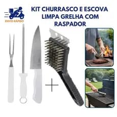 Kit Churrasco Aço Inox + Escova Limpa Churrasqueira Grelha Limpeza Pesada