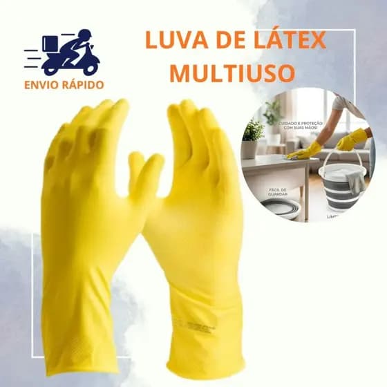 Luva Látex Amarela Multiuso Emborrachada Proteção para Limpeza Cozinha Lavagem Uso Doméstico e Profissional