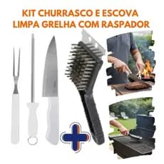 Kit Churrasco + Escova Limpa Grelha com Raspador – Limpeza Pesada e Preparo de Churrascos em Casa e Área Gourmet
