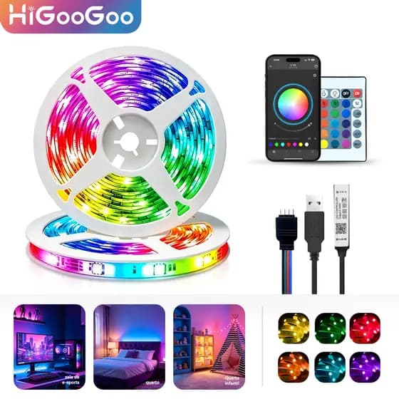 HiGooGoo Fita Led Rgb Colorida 5/10/20/30M Controle Fonte Led Decoração Casa Loja Gesso Teto Sanca Vitrine