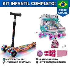 Kit Patinete E Patins Infantil Quad 4 Rodas Ajustavel Presente Criança Com Capacete