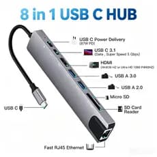 Hub USBType-C8 em 1 com leitor de cartão e separador, suporte 3.0/2.0, cartão SD e expansão de cartão TF, estação de aco