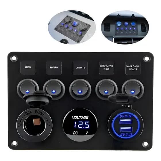 Painel Elétrico 2 Usb 5 Chaves Com Voltímetro Lancha Barco