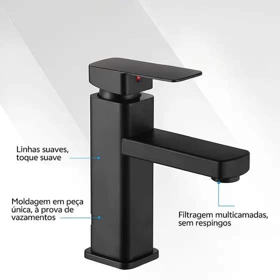 Torneira Monocomando Quadrada Para Pia de Banheiro, Acabamento Dourado/Cromado/Preto Fosco Design Moderno Resistente