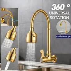 Torneira Cozinha Gourmet Flexível 360° Rotativo 2 Modos de Jato Chuveirinho Cromado Dourado Parede Bancada