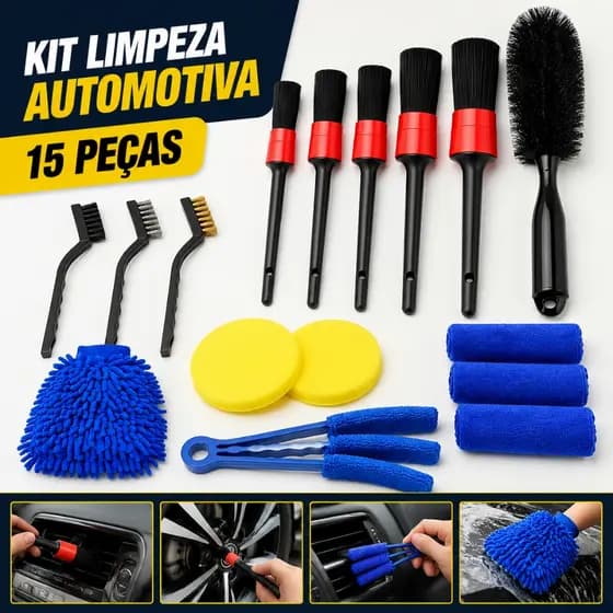 Kit 15 Peças Lavagem Automotiva Esponja + Escova + Flanela 30x40cm + Aplicador de Cera + Luva Microfibra + Pincel