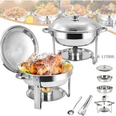 Rechaud Inox Redondo 6 Litros Banho Maria - Aquecedor De Alimentos Em Aço Inox