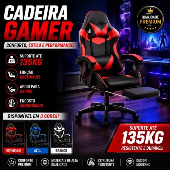 Cadeira Gamer Ergonômica Reclinável com Almofadas para Lombar e Cervical – Couro Sintético 135 kg