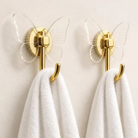 Kit Gancho Decorativo Borboleta Acrílico 2 Peças Autocolante Dourado Gold