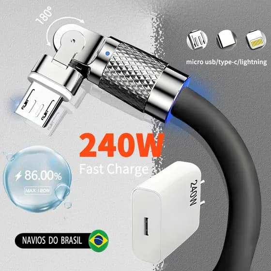 Carregador Super Rápido De 240 W Com 180 ° Cabo De Carregamento De Rotação Para Cabos Giratórios Micro USB iOS Tipo C JJ