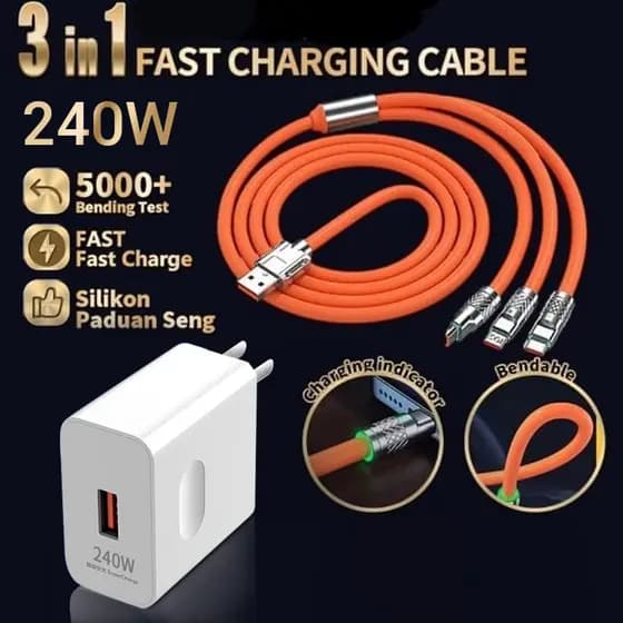 Cabo De Dados De Super Carregamento 3 Em 1 Micro USB Tipo-C iOS Multi-Port 240W Cabos Adaptadores Para Carregadores Rápi