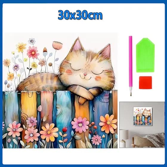 30x30cm Gato e flores Pintura Diamante 5D Pintura de Diamante Conjunto De Pintura Com Diamante Conto De Quadrado 5D Kits